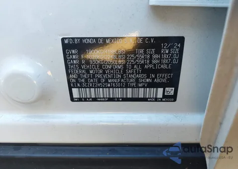 2025 Honda Hr-V Awd Sport из США, поврежденный, VIN 3CZRZ2H52SM763012